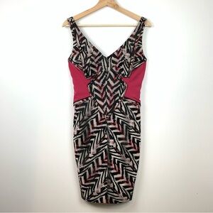 Zac Posen Pencil Dress Sleeveless Silk Blend Zigzags V Neck Sz 4 Black Pink Sexy